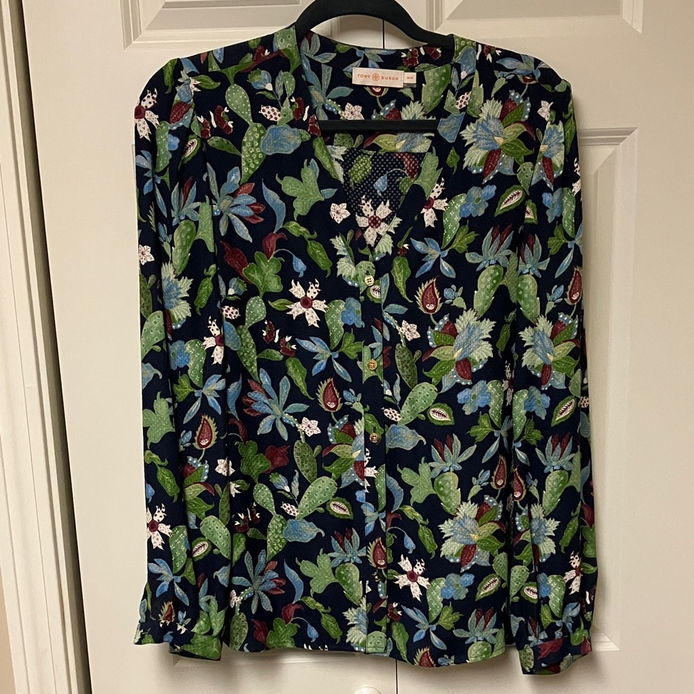 Tory Burch Navy Button-Down Blouse with Green & Blue Floral Print